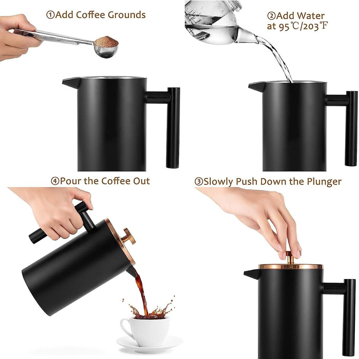 French Press MaxMiuly: Френч-прес для кави, 0,35 л, нержавіюча сталь, з подвійними стінками та 2 фільтрами (2 чашки)