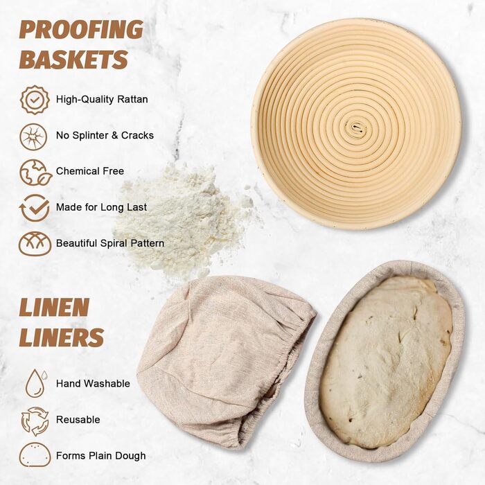 Набір для випічки хліба Brot: 2 корзини (23см круглі, 25см овальні), тейгшкребок, мішалка, тканинний вкладиш & лам, 100% ротанг
