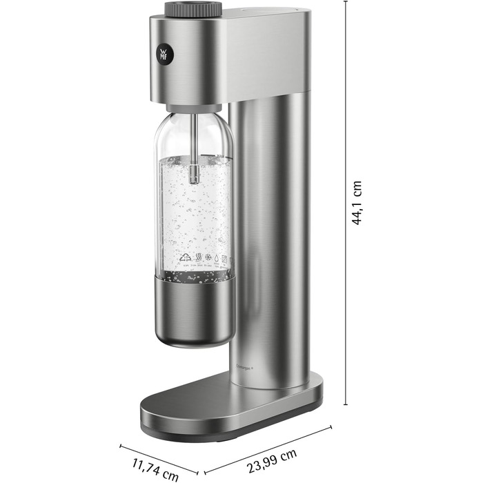Автоматичний сифон для води WMF Element One зі сталі, газифікатор води з 3 рівнями насичення, сріблястий