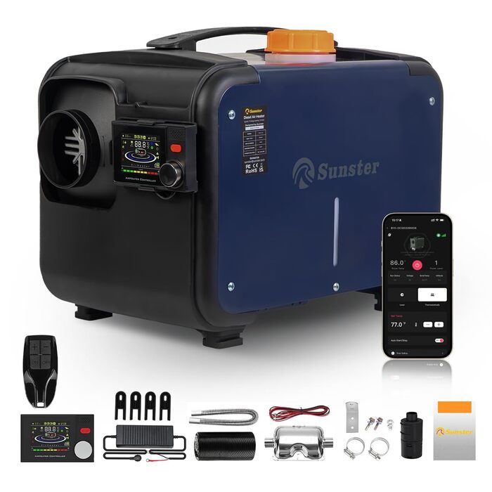 Дизельний опалювач 8kW з Bluetooth, 12V/24V/230V для вантажівок, фургонів, автодому, з автоматичним запуском та адаптером живлення, 2025 року випуску, блакитний