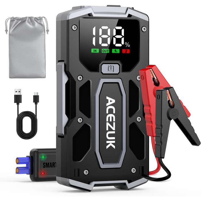 Портативний зарядний пристрій Starthilfe Powerbank 5000A для автомобіля з LED-ліхтариком, великим екраном (6000A) чорний M01