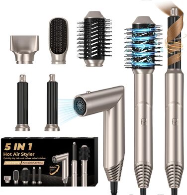 UKLISS Airstyler 5-в-1: Фен-щітка, стайлер для волосся з іонізацією, випрямляч, плойка для локонів, насадки для укладання. Золото-білий колір