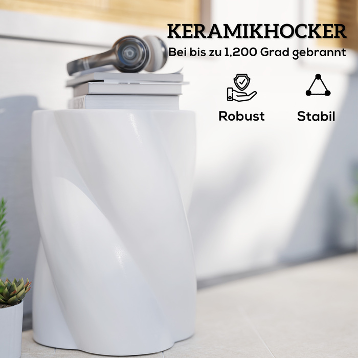 Керамічний табурет Outsunny Spiral 120 кг з навантаженням Ø33 x 45 см Атмосферостійкий садовий стілець з кришкою Табурет для квітів Табурет для ніг на відкритому повітрі Сад Патіо Балкон Білий