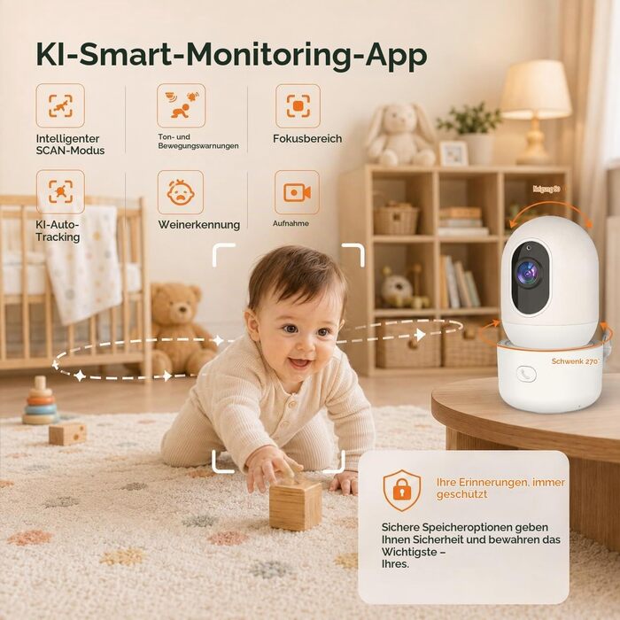 Відеоняня HelloBaby з WiFi та камерою: монітор з нічним баченням, датчиком руху, двостороннім аудіо та керуванням через додаток (5.5 дюймів, білий)