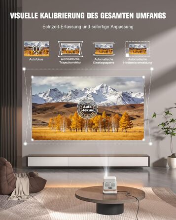 Smart Beamer VOPLLS 1080P Full HD WiFi 800ANSI: Міні-проектор з автофокусом та корекцією трапеції для дому/вулиці, підключення до телефону, сіро-білий