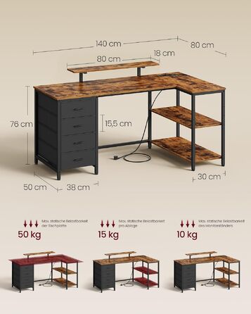 Кутовий комп'ютерний стіл VASAGLE з розетками та USB, 160x80 см, Vintagebraun (LWD173KD01) - ігровий стіл з шухлядами