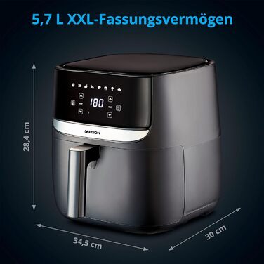 Аерофритюрниця MEDION E50 XL, 5,7 л, 1700 Вт, цифрова панель, 8 програм, без олії, таймер 30 хв, захист від перегріву, чорна