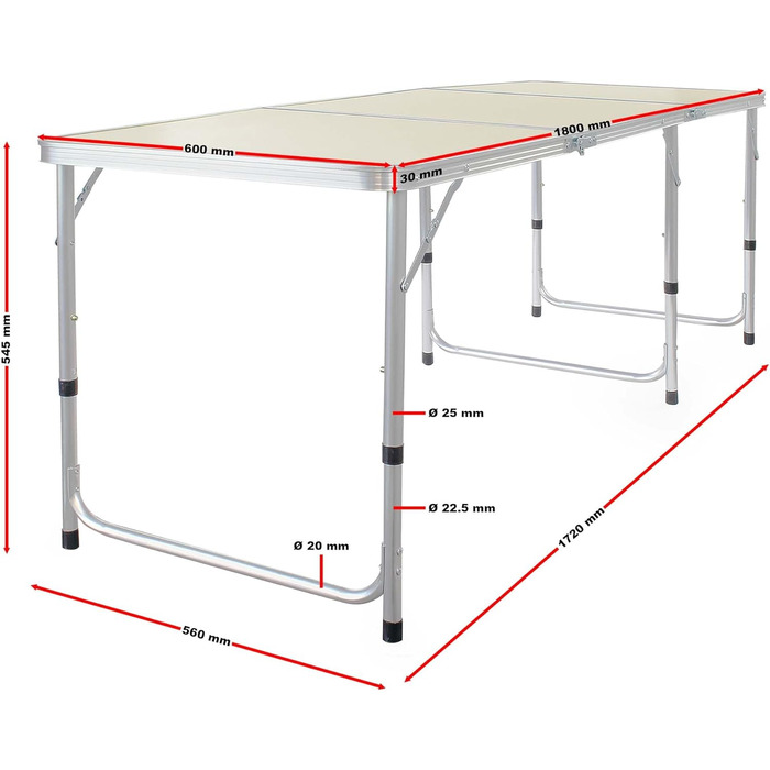 Складаний кемпінговий стіл Toboli 180x60x70 см, регульована висота 54/61/70 см, алюмінієва рама, стільниця МДФ, портативний багатофункціональний стіл для кемпінгу, саду, буфету