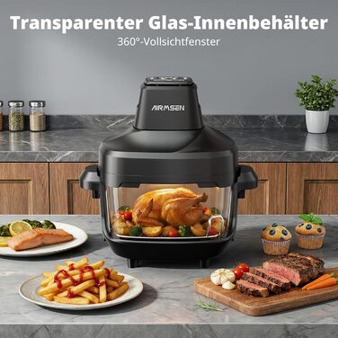 Фритюрниця повітряна AIRMSEN зі скляною чашею, 1500 Вт, 4.5L + 1.2L, 60–230 °C, 4 програми, знімна чаша, для мікрохвильовки та мийки посуду