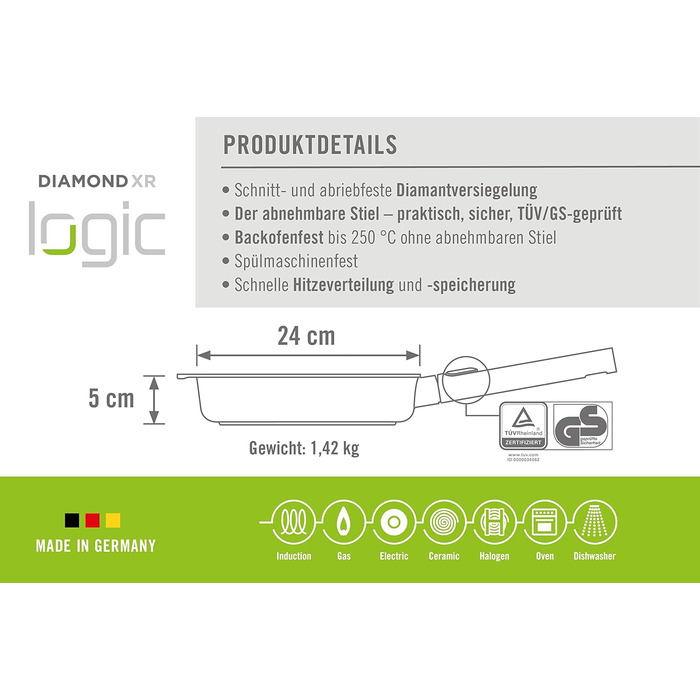 Сковорода Woll Diamond Logic XR 24 см, алюміній, антипригарна, знімна ручка, для індукції та всіх плит, чорна