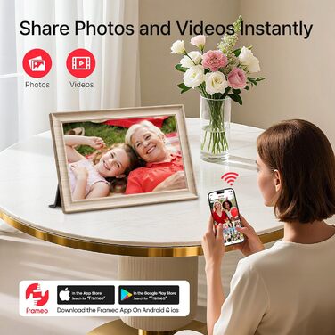 Frameo Цифровий фоторамка 10.1 дюймів, HD 1280*800 IPS сенсорний екран, 32GB пам'ять, автоповорот, Frameo App для обміну фото та відео, білий дерев'яний масив