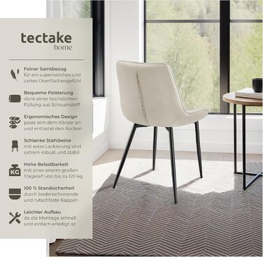 tectake® Набір з 2 стільців для їдальні, кухні та вітальні, ергономічні стільці з м'якою спинкою та сидінням із оксамиту, чорні металеві ніжки, колір кремовий