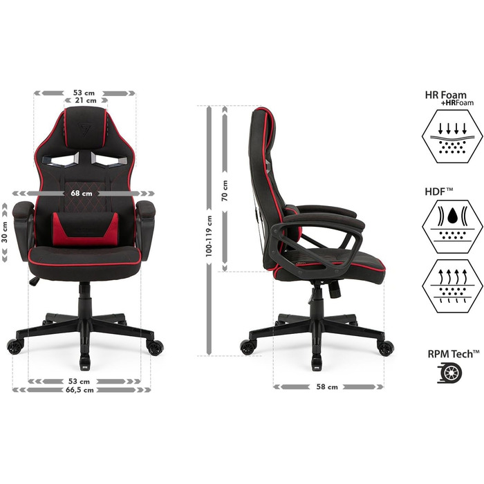 Ігрове крісло SENSE7 Knight, ергономічне, з регульованою поперековою подушкою, гойдалка, м'які підлокітники, тканинне, до 120 кг, для ПК, чорний-червоний