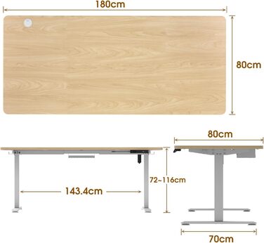 Електричний стіл Homall 180x80 см, регульований по висоті, з чотирисекційною стільницею, пам'яттю положень, для комп'ютера, білий + бежевий