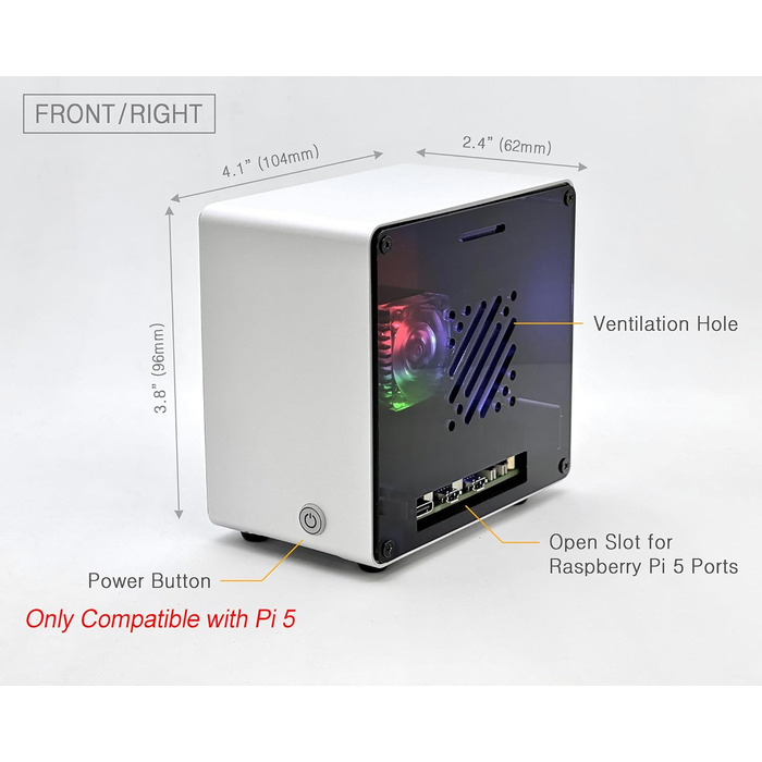 Корпус ElectroCookie для Raspberry Pi 5, алюмінієвий міні-тауер з вентилятором і RGB підсвічуванням, сріблястий