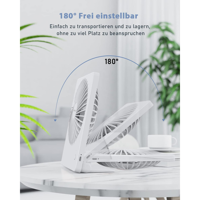 Портативний USB вентилятор TriPole з акумулятором 2000mAh, 3 швидкості, тихий (30дБ), регульований кут 80°, для офісу, подорожей, білий