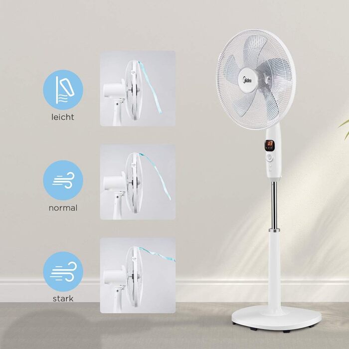 Вентилятор підлоговий Midea FS40-16CR з DC-мотором, 12 швидкостей, тиха робота 27 дБ, дистанційне керування, LED-дисплей, таймер 12 год, 4 режими, енергозбереження, 5 лопатей, регульована висота, білий