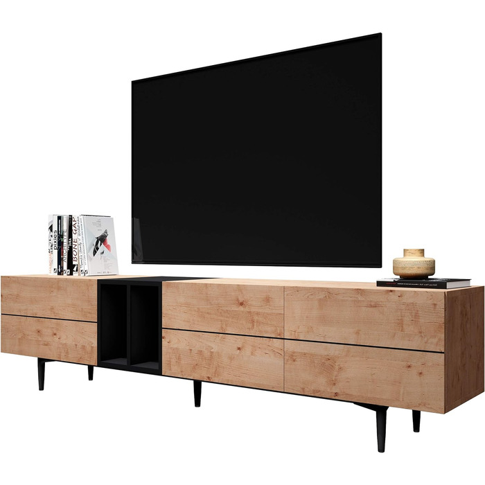 ТВ тумба Newfurn чорна дика дуба, вінтаж індастріал, 195x48x37 см, тумба під телевізор у вітальню