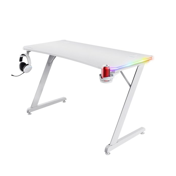 Ігровий стіл Trust Gaming GXT 709W Luminus RGB з підсвічуванням LED, 10 режимів, USB, білий, з тримачем для навушників та напоїв, 120 x 60 см