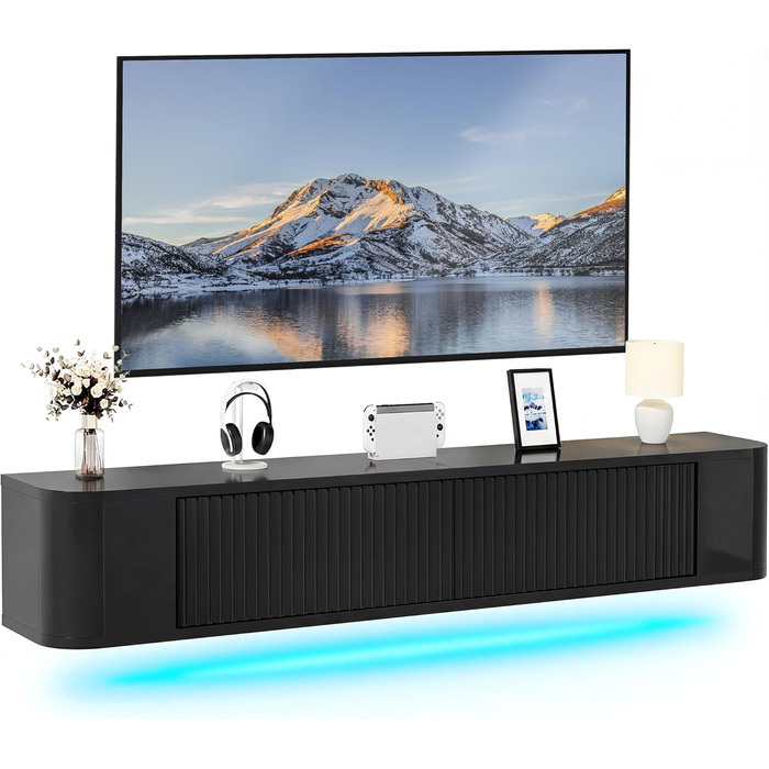 Підвісна тумба під телевізор YITAHOME 140 см з RGB підсвіткою, чорний глянцевий, настінна полиця для вітальні та спальні, великий об'єм зберігання 140x25x20 см