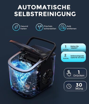 Льодогенератор ecozy Klein самоочищення, 2 розміри кубиків льоду, 9 кубиків за 6 хв, 12 кг/24год, лопатка та кошик, для кухні, офісу, бару, вечірок, чорний