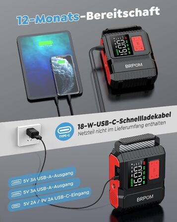 Портативний пусковий пристрій BRPOM з компресором та LED-ліхтарем, 26800mAh, 160PSI, сумісний з бензиновими та дизельними двигунами (до 12.0L)