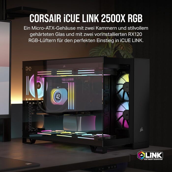 Корпус для ПК CORSAIR iCUE Link 2500X RGB, загартоване скло, mATX, Mid-Tower, подвійна камера, 2 вентилятори RX120 RGB у комплекті, широка сумісність з охолодженням, плата з реверсивним підключенням