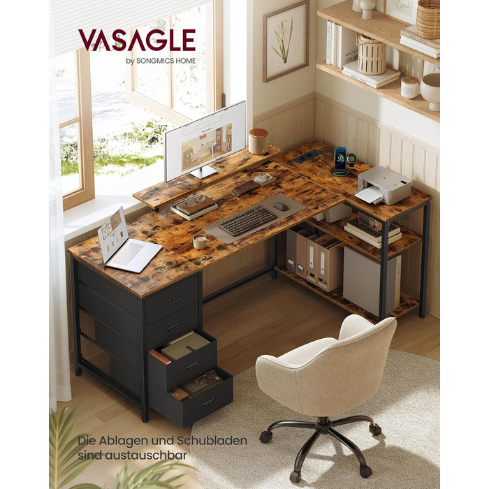Кутовий комп'ютерний стіл VASAGLE з розетками, 160x80 см, вінтажний коричневий LWD173KD01 - ігровий стіл з USB, 4 шухляди