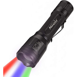 Alonefire X32 Багатофункціональний тактичний LED ліхтар 4-в-1: зелений, синій, білий, червоний, акумуляторний, з функцією зуму, комплект з батареєю та зарядкою, для полювання, туризму, поліції, військових, надзвичайних ситуацій