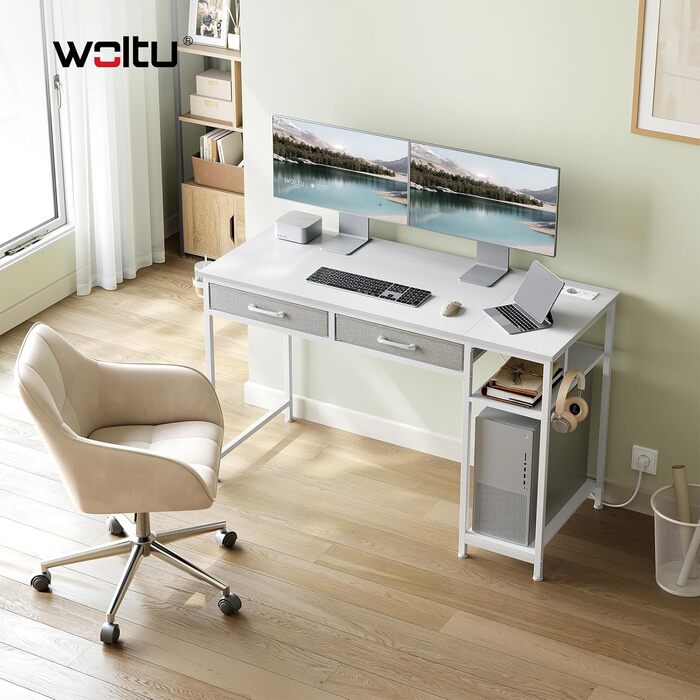 Комп'ютерний стіл WOLTU з 2 шухлядами, вбудованими розетками, USB та Type-C портами, підставкою для навушників та полицями, 120 x 51 x 75 см, білий