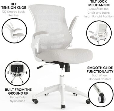 Ергономічне офісне крісло Flash Furniture, сітка, середньої висоти, з відкидними підлокітниками, світло-сіра сітка/білий каркас, 64.77x62.23x104.78 см