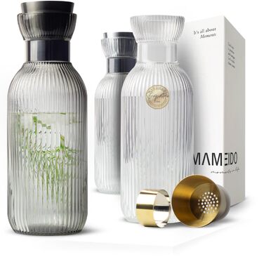 Графін для води MAMEIDO з носиком та ситом, 1.5 л, рифльоване кришталеве скло, Smoke Black