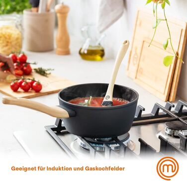 Каструля MasterChef 18 см з кришкою, алюмінієва, індукційна, антипригарна, чорна, дерев'яна ручка, для пасти та супу, підходить для всіх плит, набір каструль і сковорідок, колекція Natural