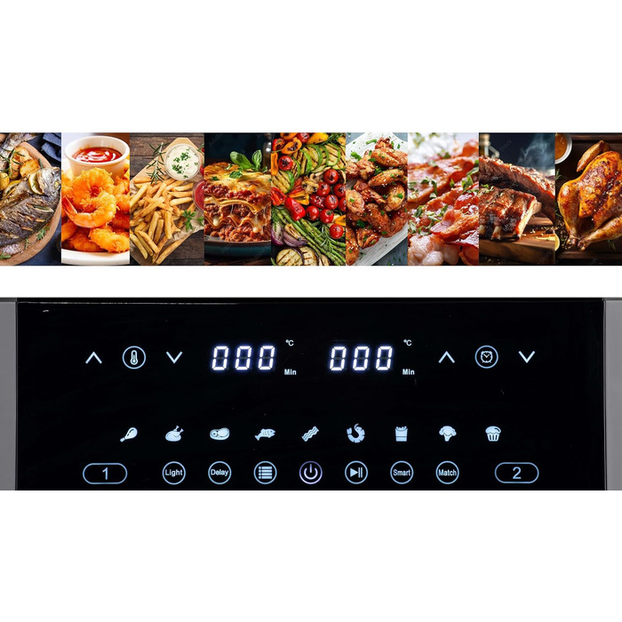 Linsar Dual Zone аерофритюрниця з двома камерами, 8 л, 2 кошики зі скляним вікном, сенсорне управління, 9 програм, Dual Cook, синхронізація, 2570-3040 Вт, чорна