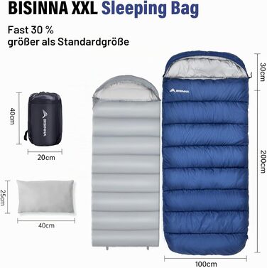 Зимовий спальний мішок BISINNA XXL для дорослих, теплий кемпінговий спальник на 3-4 сезони, поширена модель Plus Size (Синій, 1.5кг, застібка праворуч)