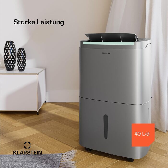 Електричний осушувач Klarstein DryFy 20L - 400W, 20л/день, 5л бак, 46dB, Auto-Swing, таймер, режим сушіння білизни, для дому та офісу, білий (40л, нержавіюча сталь)