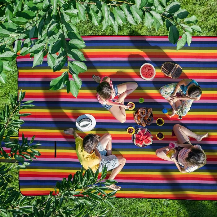 Пікнік-ковдра Relaxdays XXL 300x200 см, водонепроникна, ізольована, флісова, смугаста, з ручкою, для пляжу та відпочинку, різнокольорова