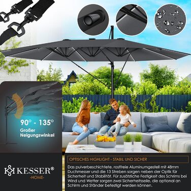 Двомісний парасольковий тент KESSER 4,6x2,7 м з LED, алюмінієвий, водостійкий, з підставкою, вітрозахист, антрацит, 360° обертання, кривошип, нахил