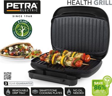 Контактний гриль Petra PT4366MBLKVDE з антипригарним покриттям Smartstone, знімною піддоном, для приготування паніні, м'яса, овочів, без олії, матовий чорний, електричний здоровий гриль