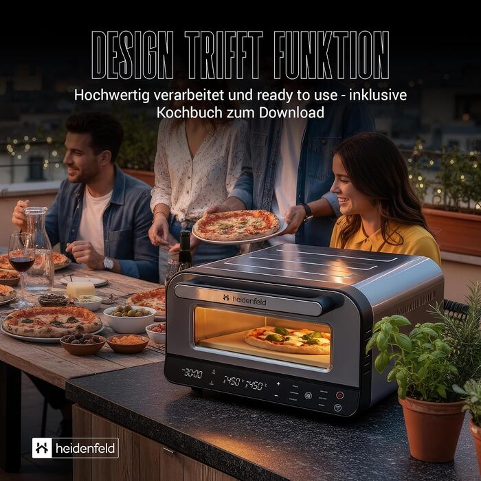 Електрична піч для піци Heidenfeld Pizzaboss, 1850 Вт, до 450°C, повний набір, сріблясто-чорний
