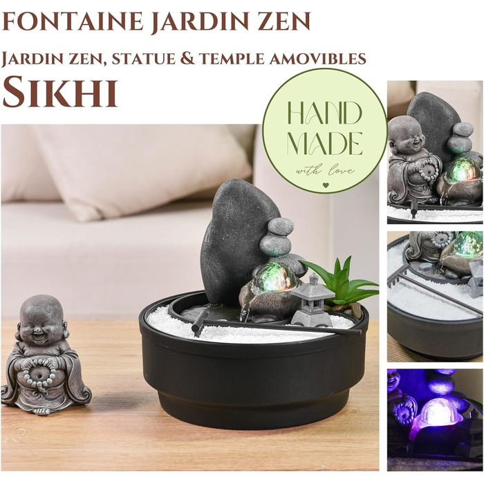 Настільний фонтан-дзен сад Sikhi Zen'Light з фігуркою Будди, кольоровою LED-підсвіткою та білим піском, 21 см — Декоративний фонтан для релаксації та інтер'єру