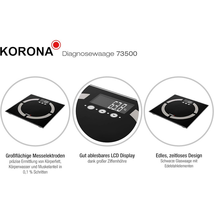 Електронні ваги Korona 73500 DENISE для аналізу складу тіла: жиру, води, м’язів, до 180 кг, чорні