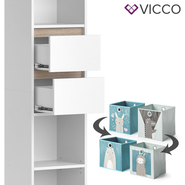 Дитячий стелаж Vicco Robert білий/сонома 36,2x171 см з кольоровими та сірими коробами для зберігання