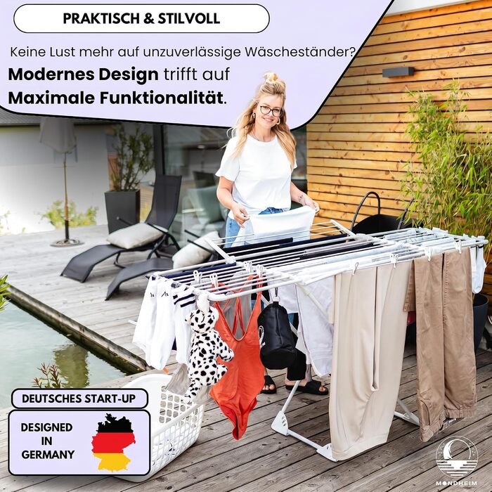 Телескопічна сушарка для білизни MONDHEIM Obsidian XXL, 26м довжина розвішування, розкладна з від’ємною поперечиною, біла