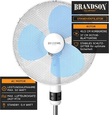 Вентилятор підлоговий Brandson 40 см, срібно-чорний, з пультом, 3 швидкості, коливання 80°, високий потік повітря