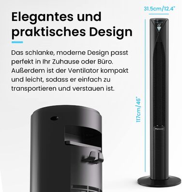 Вентилятор підлоговий Pro Breeze з пультом, 117 см, 3 режими, таймер 14 год, 45 Вт, чорний