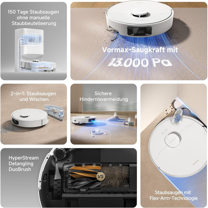 Робот-пилосос Dreame D20 Pro Plus: потужність 13000 Па, DuoBrush для шерсті тварин, очищення кутів, самостійна очистка, уникнення перешкод (LDS-навігація, лазер), суха та волога прибирання, для твердих підлог та килимів, акумулятор 5200 мАг