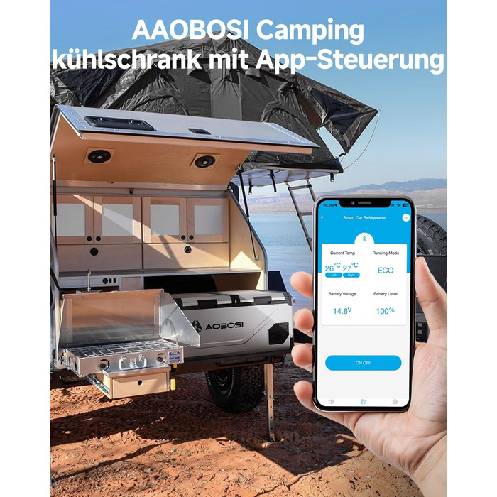 Автомобільний компресорний холодильник AAOBOSI з Wi-Fi, LED підсвіткою та колесами (-20°C/+20°C, 12/24V, 100-240V) для авто, кемпінгу, подорожей