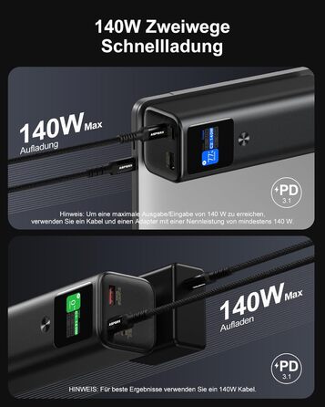 Power Bank AsperX 20000mAh, 165W, 2x USB-C 100W, Алюмінієвий Корпус, Вбудований Кабель 60см, TFT-Дисплей, для iPhone, MacBook, Samsung