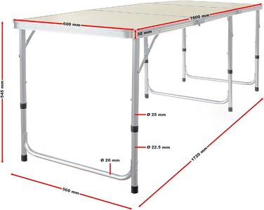 Складаний кемпінговий стіл Toboli 180x60x70 см, регульована висота 54/61/70 см, алюмінієва рама, стільниця МДФ, портативний багатофункціональний стіл для кемпінгу, саду, буфету